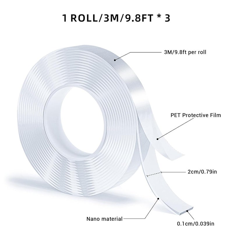SUTOUG 3 Rolls Double Sided Tape, Nano Tape, Transparent Adhesive Tape, Traceless Adhesive Tape, Removable, Washable, Reusable, Suitable for Carpets, Photo Walls, 9.85 Feet Per Roll - Image 2